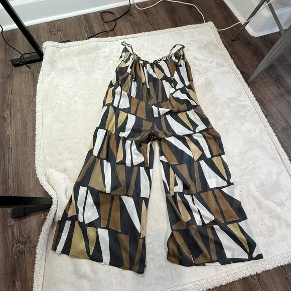 Anthropologie Wide-Leg Jumpsuit Brown White Black Motif Size M NWT - Picture 3 of 11